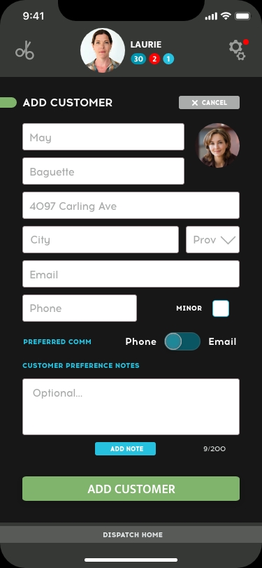 Screen: Brenda App: Dispatcher Add Customer