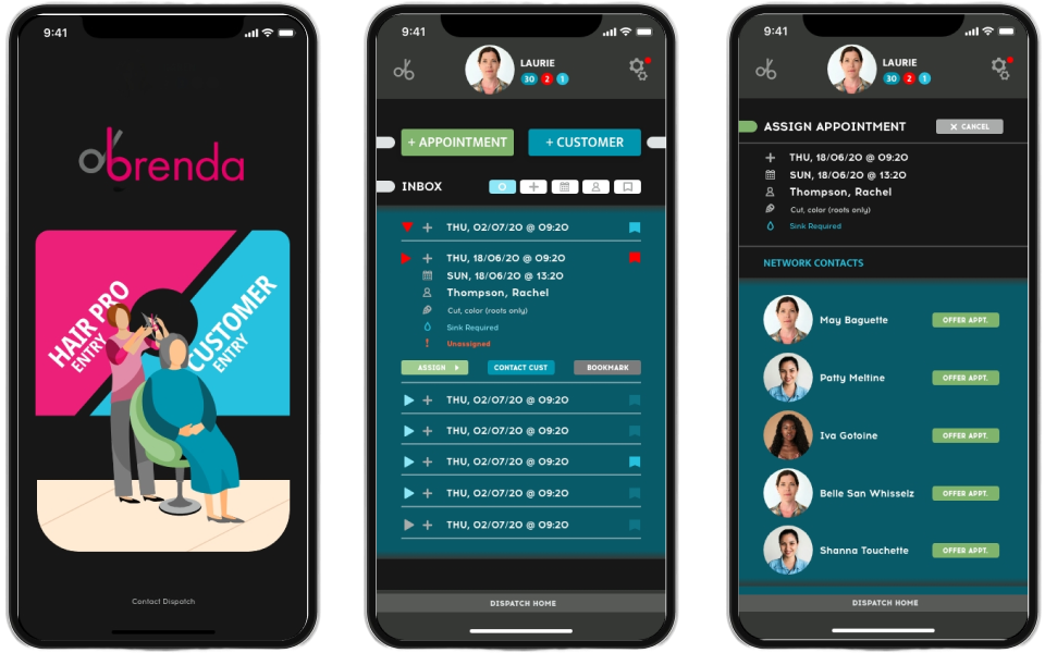 Mobile app Screenshots: Brenda, appointment-setting app for customers, providers, and dispatchers