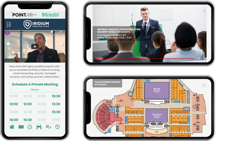 Mobile app Screenshots: Mixabl COVID-era conferences and event app: 1-on-1 Scheduling, Livestream, Interactive Map