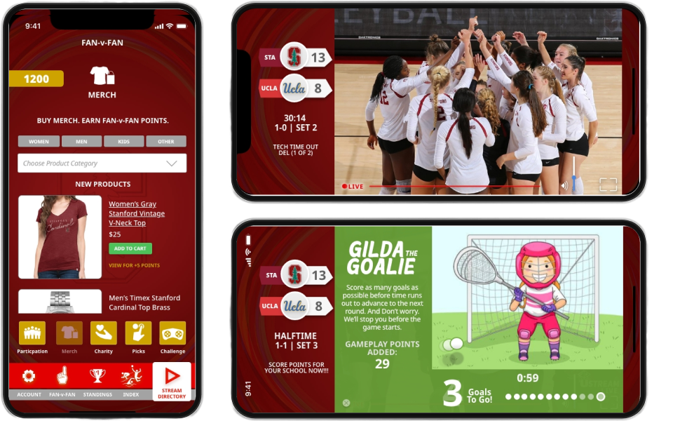 Mobile app Screenshots: Rivl app for enhancing COVID-era college rivalry and engagement: Shop, Streaming, and Halftime competition game