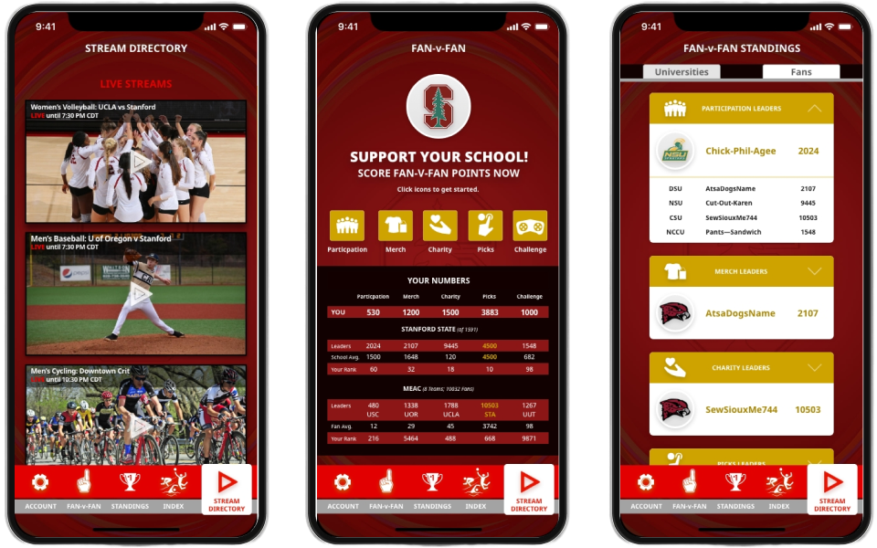 Mobile app Screenshots: Rivl app for enhancing COVID-era college rivalry and engagement: Home, Fan vs Fan, Fan Standings