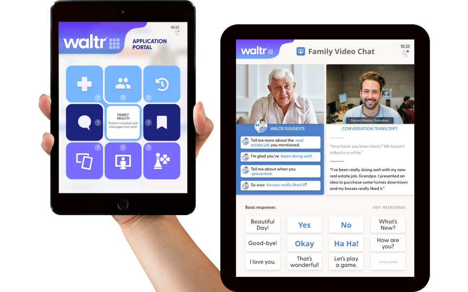 Mobile app Screenshots: Waltr app facilitates COVID-era communication between people in care homes and their family and friends: Home, Family Video Chat