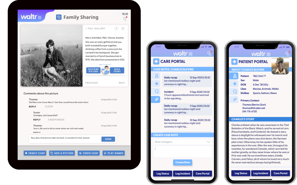 Mobile app Screenshots: Waltr app facilitates COVID-era communication between people in care homes and their family and friends: Family Sharing, Care Portal, Patient Portal