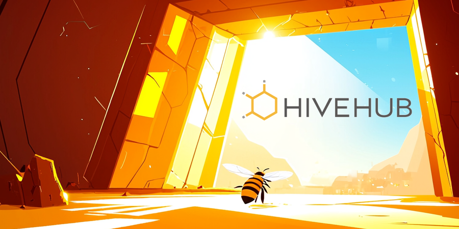 Post hero pic: A bee about to exit the hive into a blue sky. Hovering in the air outside is the HiveHub logo