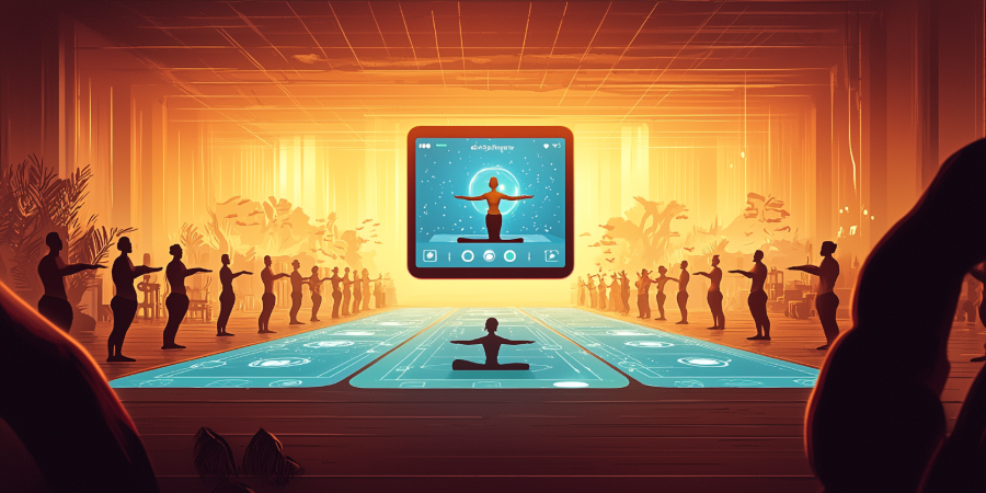 Post hero pic: A vast yoga studio with a yoga seated in front of a gigantic floating tablet displaying a yoga app