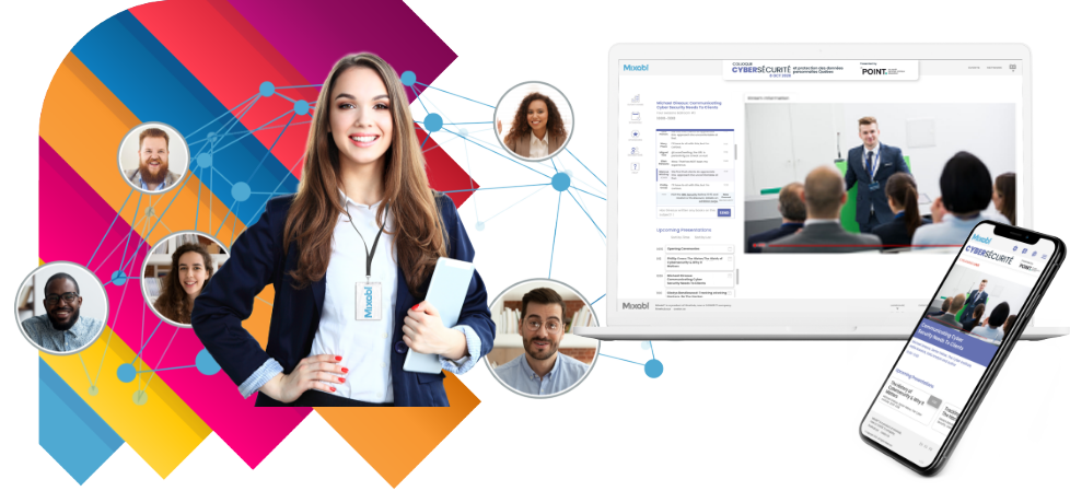 Case Study Hero Image: Mixabl Live Event App: A young professional ina blazer, wearing a Mixabl laniard, and holding a tablet computer in one arm faces the user. Behind her is an abstract network of lines, most of which intersect in round nodes, while others intersect with a diverse selection of individuals looking at the camera. Professional and network overlay diagonal bands of color ending square at uneven lengths. To the right of this composition is the laptop and mobile view of Mixabl during a live event—video of a speaker to the right with branding, navigation, event title, live chat, and calendar of events to the left. The event name and other details appear across the top of the screen. The mobile app has these elements stacked.