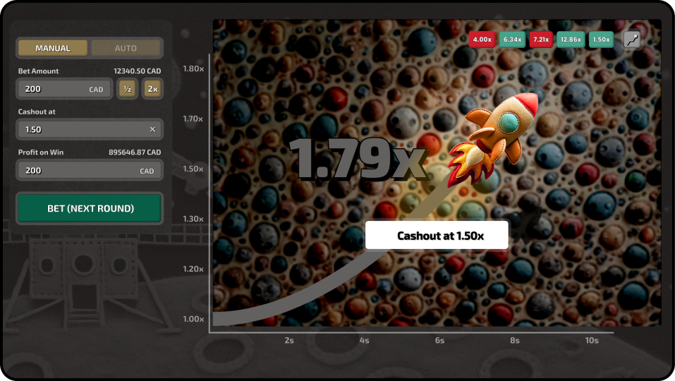 Crash-type game, Moonshot Mogul, cashout/win