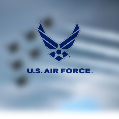 Featured Image: Blurred image of a formation of aircraft in flight with the USAF logo superimposed