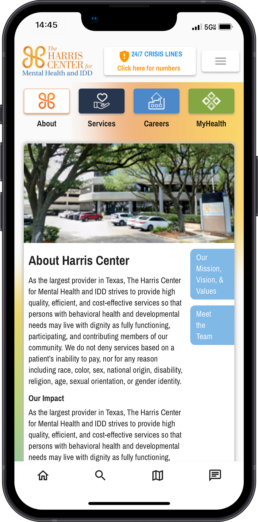 Harris Center App: About Us Screen