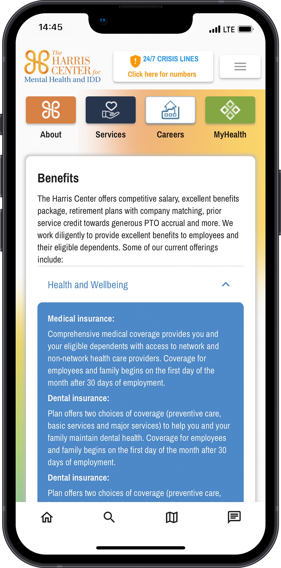 Harris Center App: Benefits Screen