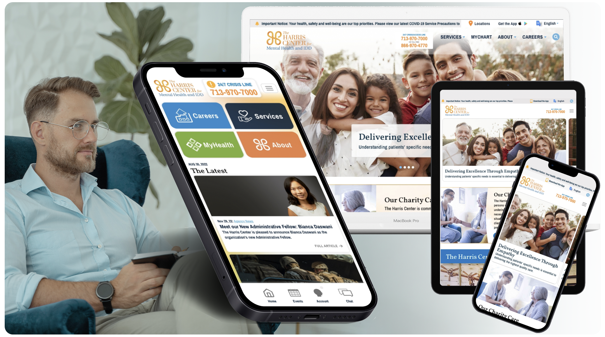Hero Pic: The Harris Center for Mental Health and IDD: Mobile app and desktop, tablet, and mobile view of the redesigned website, all over a background suggesting a counseling setting