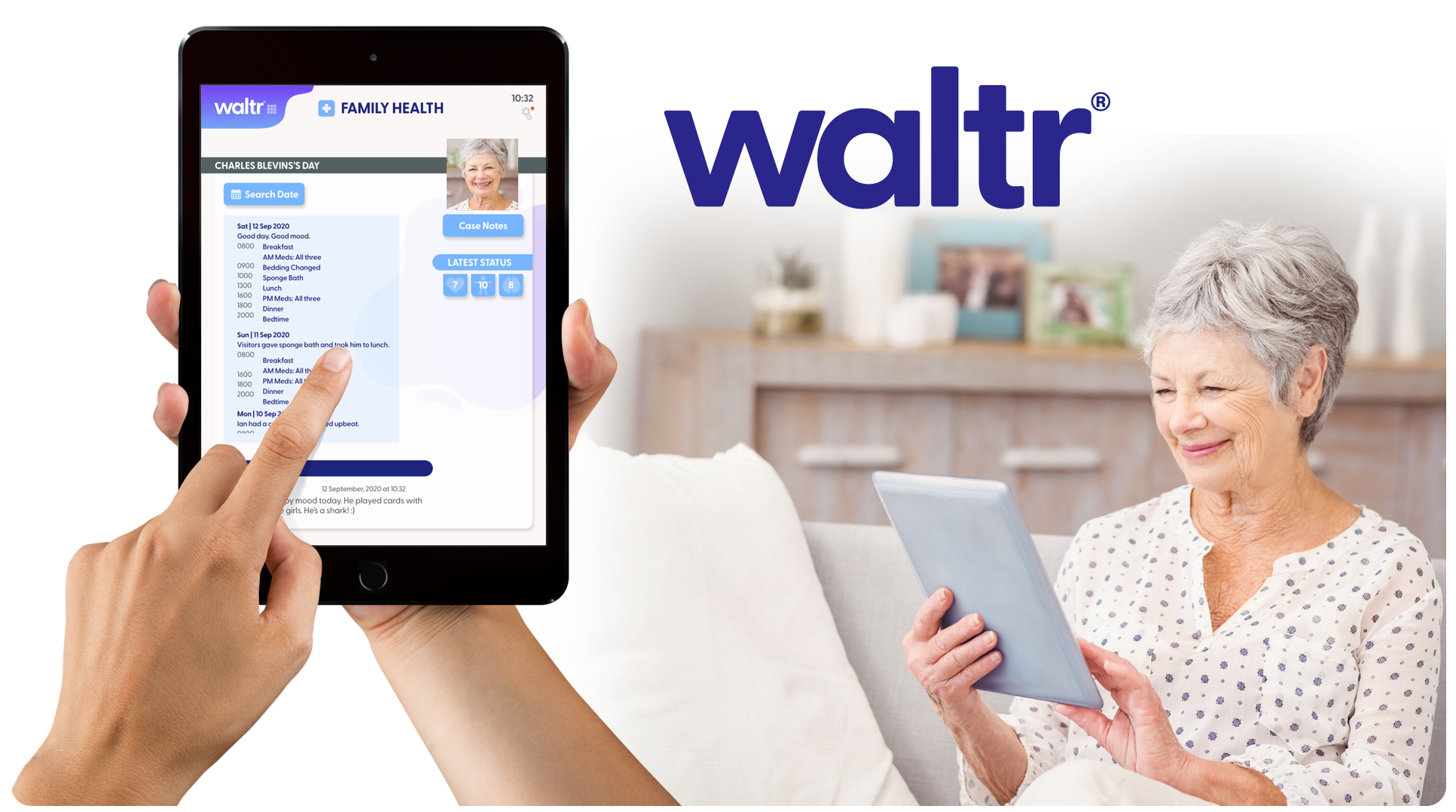 Hero Pic: Walter SaaS App: Tablet app open with hand pointing at screen open, with elderly person similing, using the app in a comfortable home-like setting