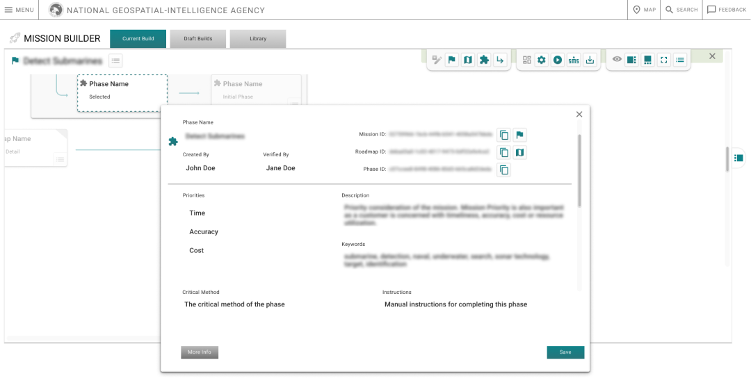 National Geospatial Intelligence Agency (NGA): Builder item detail page with a modal for viewing or modifying content, depending on the user's clearance/access.