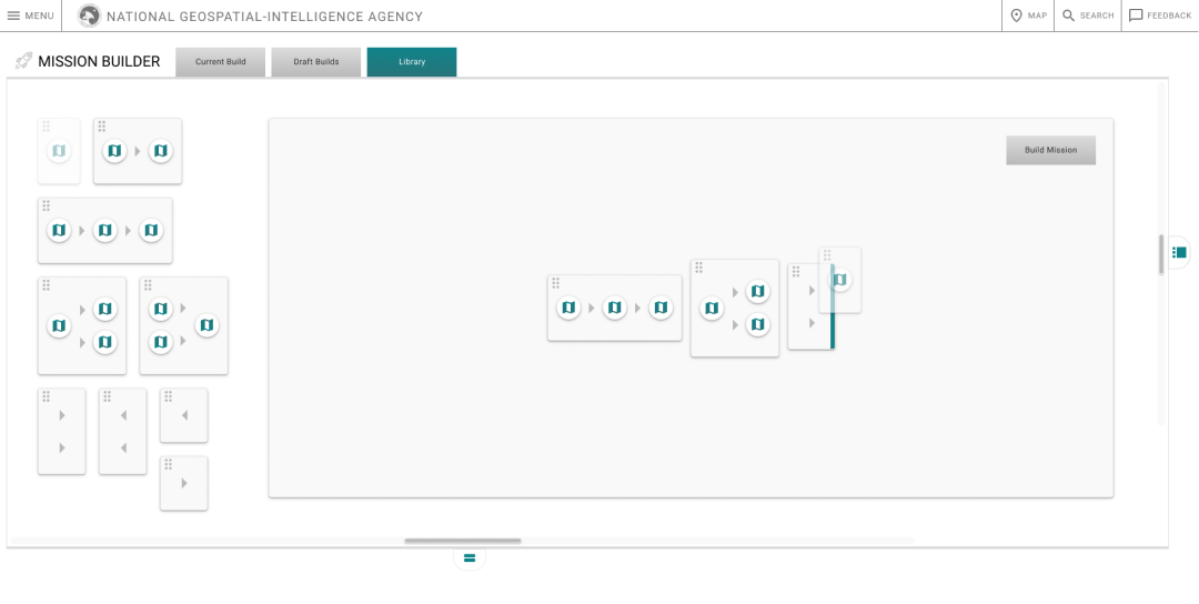 National Geospatial Intelligence Agency (NGA): Spatial builder interface showing a component being dragged from the left sidebar into place in the main workspace as indicated by a bold line next to the area of addition