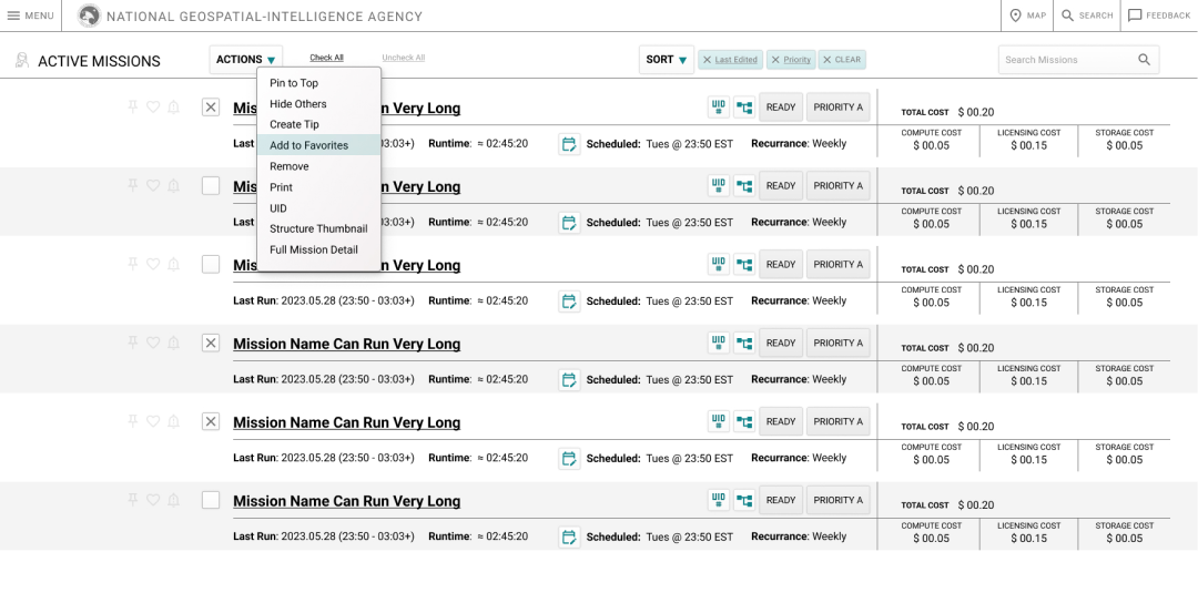 National Geospatial Intelligence Agency (NGA): Listing page with three items marked for bulk action and with "Add to Favorites" selected in the bulk options dropdown