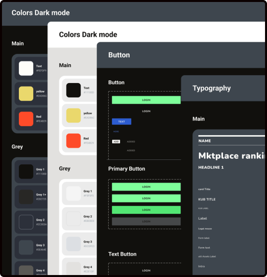 Pic: kūbs design system with cropped areas of dark mode, light mode, button, and typography frames overlaid to create one image.