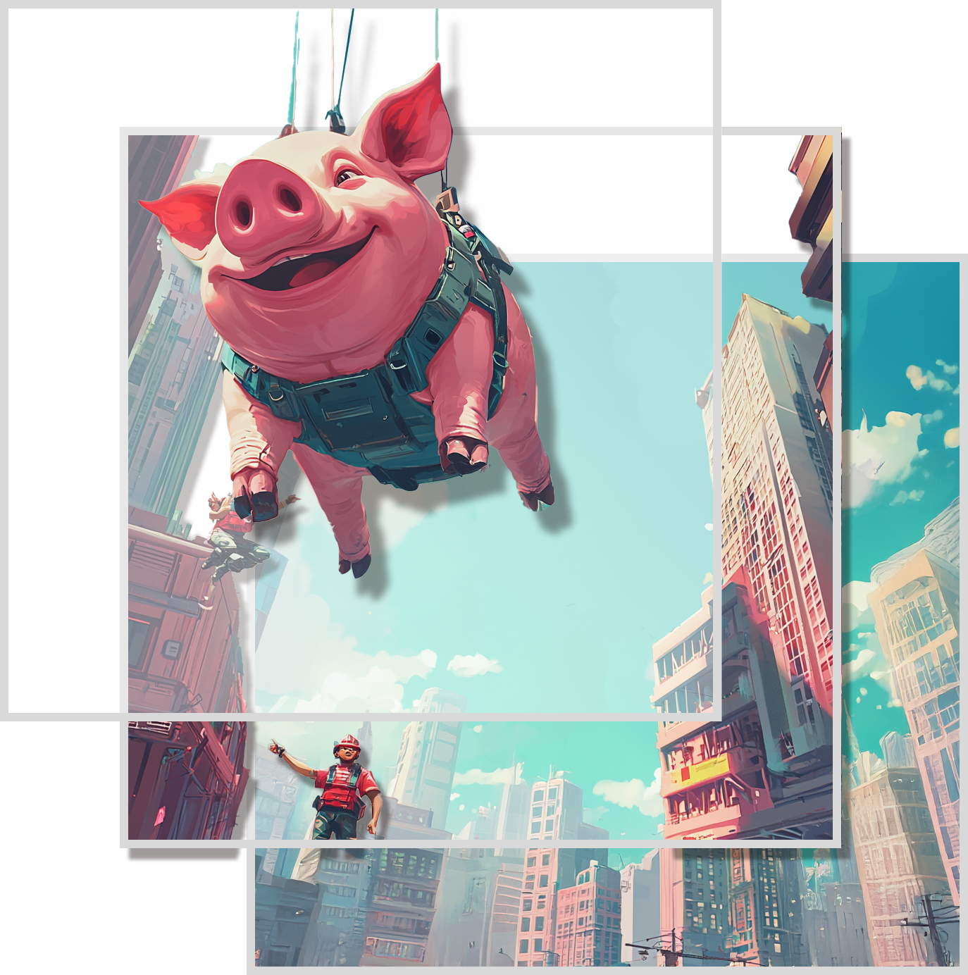 Pic: Three panels showing the layering of game assets: (foreground) A building-sized pig hanging from ropes like from a helicopter or crane; (middle ground) two uniformed crew members in hard hats, and near buildings; (background) a cityscape with blue, cloudy skies.