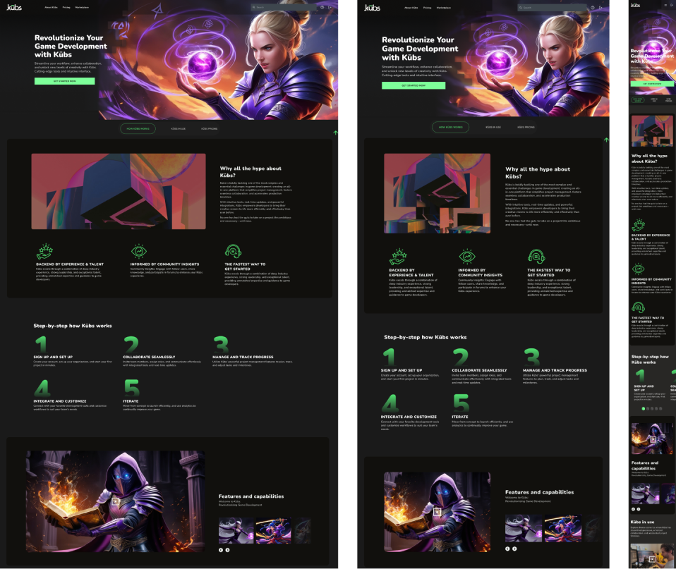 Designing Responsively: Example of a website I designed for Equinox Games, showing the desktop, tablet, and mobile versions of the homepage side-by-side